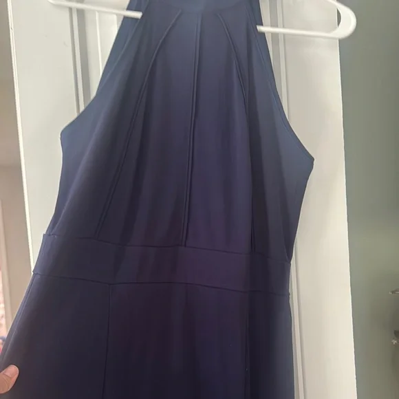 Elegant Navy Blue halter fitting Evening Gown - Picture 3 of 5